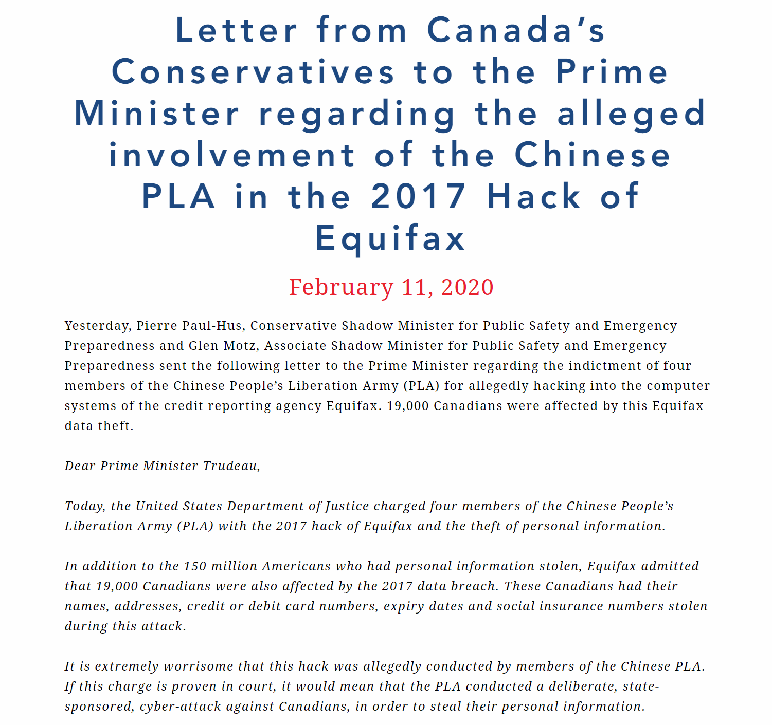 Letter from Canada's Conservatives